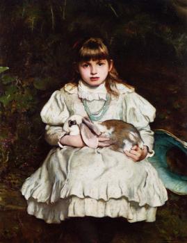 Frank Holl : Portrait of a Young Girl Holding a Pet Rabbit
